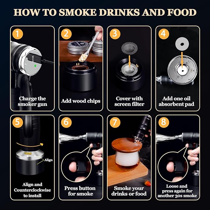 Electric Cocktail Smoker Kit - Rechargeable Whiskey Smoker Kit with Smoking Gun,Smoked Old Fashion Cocktail Bourbon Infusing Kit,8 Wood Chips,Birthday Unique Gifts for Men Husband,Bar Tool Set, Black