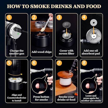 Electric Cocktail Smoker Kit - Rechargeable Whiskey Smoker Kit with Smoking Gun,Smoked Old Fashion Cocktail Bourbon Infusing Kit,8 Wood Chips,Birthday Unique Gifts for Men Husband,Bar Tool Set, Black