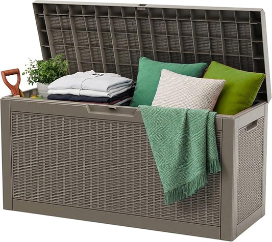 ROJIK Outdoor Storage Box, 70 Gallon Waterproof Deck Box, Weatherproof Resin Outside Storage Bin for Patio Furniture, Garden Tools, Pool Accessories, Cushion, Gray
