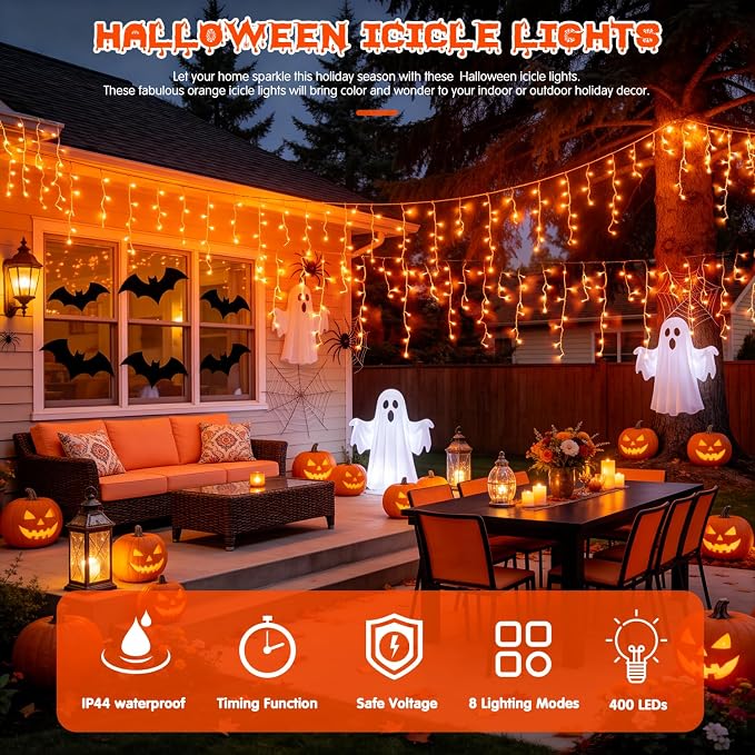 JMEXSUSS Orange Halloween Lights Outdoor, 38.8 FT 400 LED | Connectable Icicle Lights Waterproof, 8 Modes Strings Lights Plug in for Fireplace Patio Fall Halloween Decor