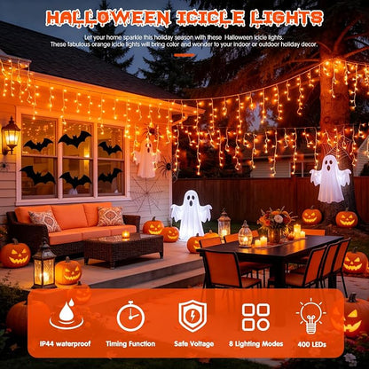 JMEXSUSS Orange Halloween Lights Outdoor, 38.8 FT 400 LED | Connectable Icicle Lights Waterproof, 8 Modes Strings Lights Plug in for Fireplace Patio Fall Halloween Decor