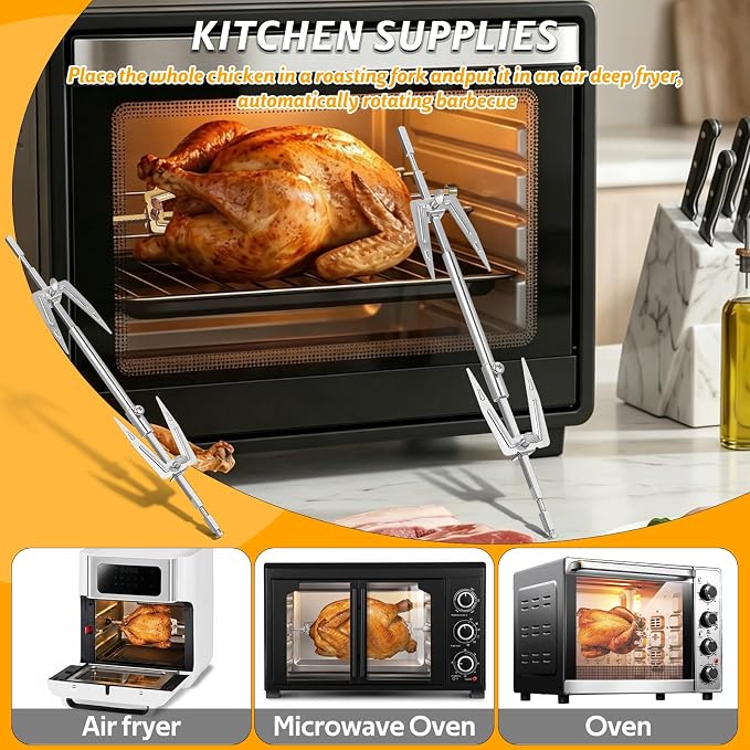 Abaodam Air Fryer Rotisserie Spit Rod 12~15” Adjustable Rotisserie Fork Stainless Steel Replacement Meat Fork or Toaster Oven Air Fryer Accessories