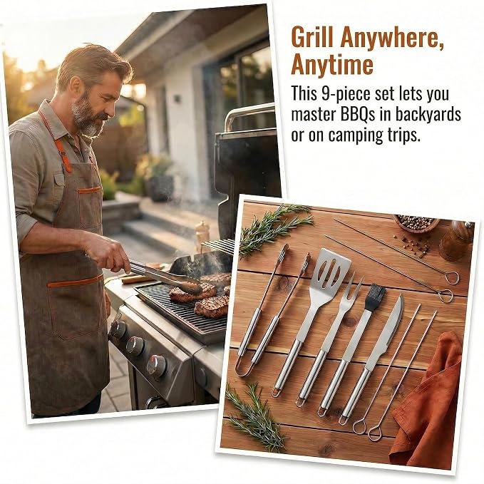 9-Piece BBQ Grill Tool Set, Stainless Steel with Storage Bag | Nine piece set of stainless steel grill tools. Very suitable for camping, backyard gatherings, outdoor barbecues