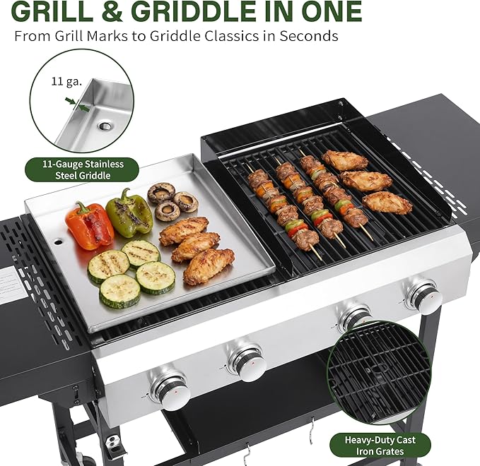 Gas Grill and Griddle Combo with Conversion Kit, 4-Burner Griddle Grill Combo with Folding Side Tables, 40,000 BTU Propane Grill with Cast Iron Grates and Stainless Steel Griddle