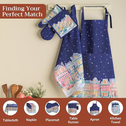 Maison d' Hermine Pot Holders 100% Cotton Potholders (8" x 8", Pack of 1) | Heat Resistant Hot Pads with Loop BBQ Cooking Kitchen Handling Hot Pans Thanksgiving Christmas - Christmas Market - Blue
