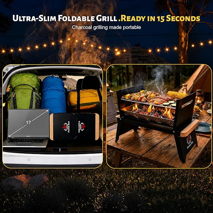 Nomad Portable Charcoal Grill – Ultra-Slim Folding BBQ for Outdoor Cooking, Camping & Travel | 304 Stainless Steel, Heat-Resistant Wood Handles, 3-sec Setup, Ready to serve 3-4 people