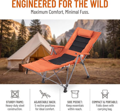 Adjustable Folding Beach Chair, Portable Camping Chair for Adults with Footrest, Reclining Outdoor Chair with Cup Holder & Pocket, Foldable Low Beach Chair for Camping, Picnic, Travel, Orange