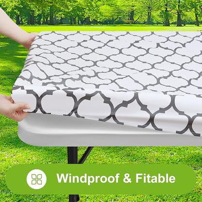 Smiry Picnic Fitted Table Cover, 6 Foot Flannel Backed Vinyl Tablecloth | Waterproof Elastic Stretch Table Cloth, Wipeable Plastic Tablecloth for Camping, Indoor & Outdoor (White, 24" x 72")