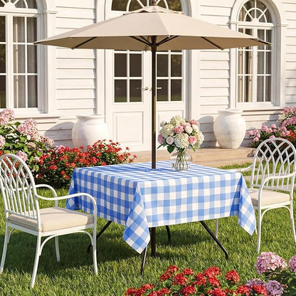 Poise3EHome Square Outdoor Tablecloth with Umbrella Hole and Zipper,Blue and White Gingham 60x60 Inch,SpillProof Washable Table Cloth for Spring Summer Patio Garden Poolside Picnic Camping BBQS