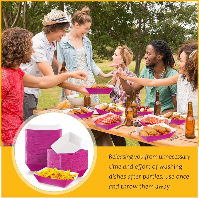 100 Pcs 2lb Paper Food Trays Boat Nacho Boats for Hot Dogs, Purple | Grease-Resistant, Disposable Kraft Paper Boat for Tacos Concession, Food Trucks, Birthday, Wedding, Christmas, Halloween