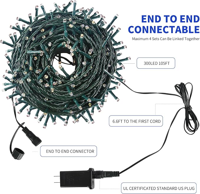 MZD8391 105FT 300LED Christmas Light Outdoor Indoor, Christmas Tree Lights | Blue, 100% UL Listed, Waterproof, 8 Light Mode, Timer & Memory, End To End Connect, Halloween String Lights Outdoor Indoor