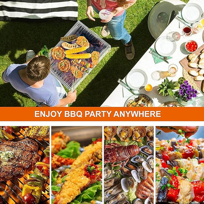 Small Charcoal Barbecue Grill, Stainless Steel Portable Folding BBQ Grill with Net Tongs, Desk Tabletop Smoker BBQ, for 2-5 People, 36 x 26 x 17 cm for Home Outdoor Picnic