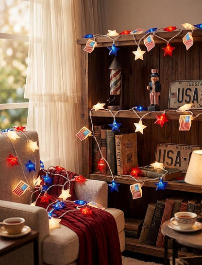 35 LED Red White Blue String Lights, 13.6FT 4th of July Decoration Lights with Patriotic Star & American flag Lights, Connectable Independence Day Lights for Window Home Patio Party Garden Decor