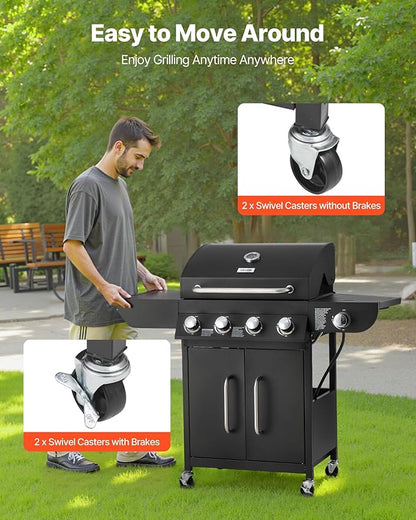 VEVOR Gas Grill, 4 Burner Propane Gas Grill with Side Burner, 425 SQ.In Grilling Area, Carbon Steel Enamel Grates, Outdoor 52,000 BTU Patio Garden BBQ Grills with Two Side Shelves, Carbon Steel