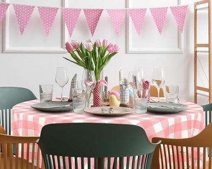 Disposable Checkered Tablecloth Round Plastic Buffalo Plaid Table Cloth 84'' Gingham Tablecover for Picnic Camping BBQ Graduation Party(Pink and White,6 Pieces)