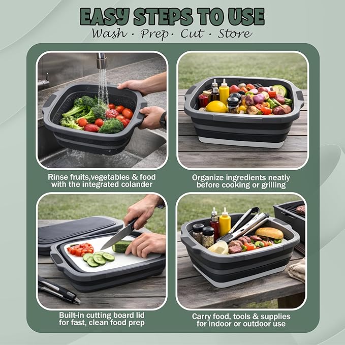 16L BBQ Prep Tub with 2 Pcs Meat Shredder Claws, Collapsible Cutting Board, Cutting Board with Locking Lids, Drip Easy BBQ Prep Tub with lid-XL Size (Black)