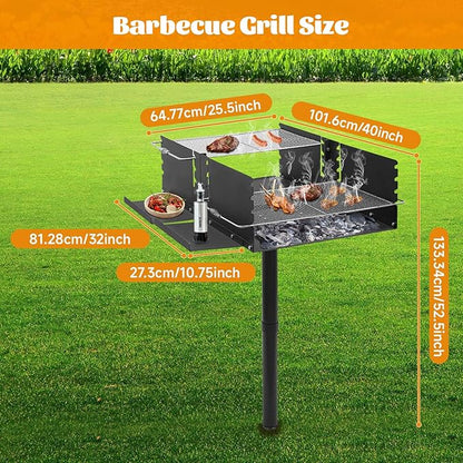 Park Style Charcoal BBQ Grill - Heavy Duty Steel Outdoor Grill with Stainless Steel Cooking Grate - Adjustable Height for Camping & Backyard