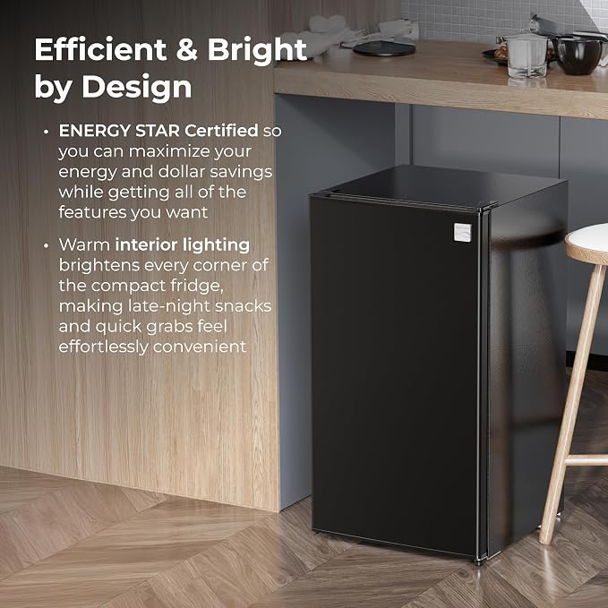 Kenmore 3.5 cu. ft.18 Compact Refrigerator with Chiller - Black | 6 Can Rack, Adjustable Glass Shelving, Reversible Door, Interior Lighting, ENERGY STAR Certified