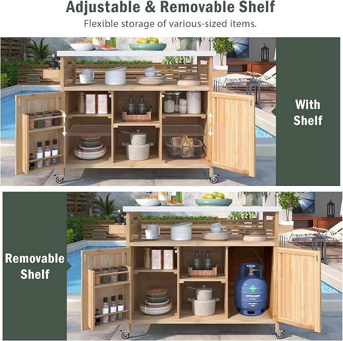 Ball & Cast Outdoor Kitchen Island,Rolling Bar Cart & Storage Cabinet,Farmhouse Solid Wood Outdoor Grill Table with Stainless Steel Top,Spice and Towel Rack,for Kitchen,Barbecue,Natural,50.25"
