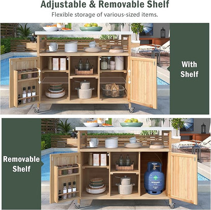 Merax 50" Outdoor Kitchen Grill Cart Island on Wheels with Stainless Steel Top,Farmhouse Style Solid Wood Frame Storage Cabinet for Patio