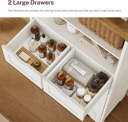 Storage Cabinet with Doors & 2 Drawers, Kitchen Cabinet with Adjustable Shelf, Pantry Cabinets, Bathroom Cabinets, for Living Room, Entryway, Home Office, White