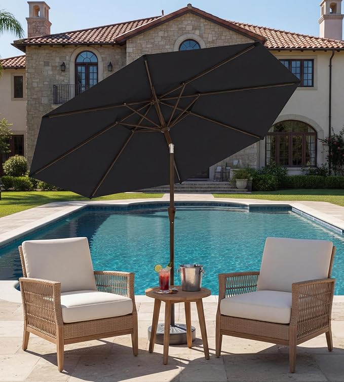 9FT Auto-Tilt Patio Umbrella|Outdoor Market Table Umbrella with 8 Fiberglass Ribs for Pool,Deck&Backyard