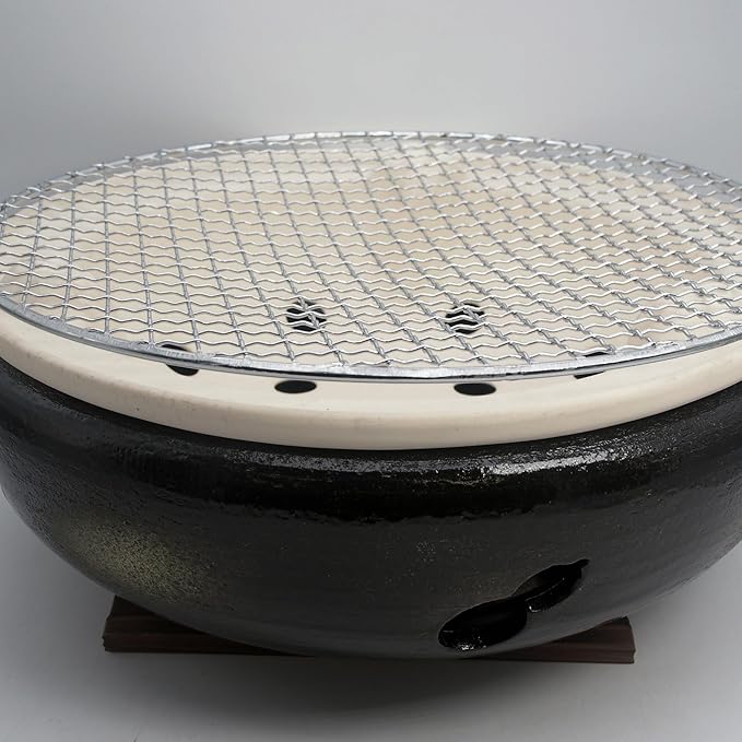 Japanese Tabletop BBQ Charcoal Grill Water Stove - with Metal Grate and Wood Base - 11.81 x 11.81 in - Made in Japan