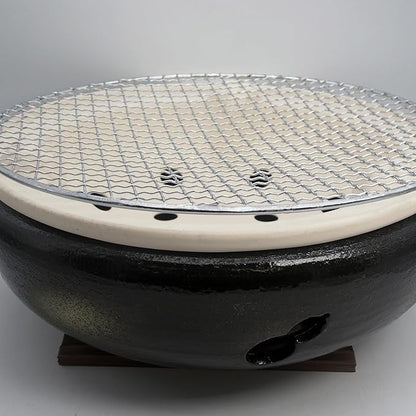Japanese Tabletop BBQ Charcoal Grill Water Stove - with Metal Grate and Wood Base - 11.81 x 11.81 in - Made in Japan