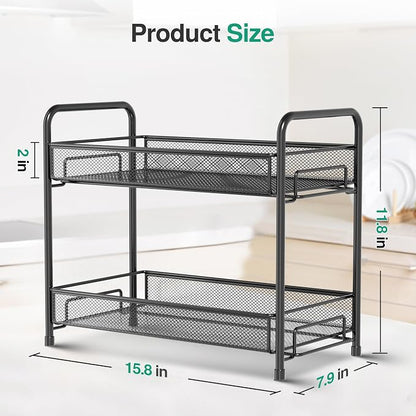 Spice Rack Organizer for Countertop 2 Pack, 2-Tier Counter Foldable Metal Standing Large Seasoning Storage Shelf for Kitchen Cabinet Bathroom Living Room Pantry Office, Black
