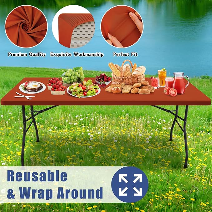 Moosfor Spandex 5 Foot Rectangle Thanksgiving Table Cloth, Elastic Fitted Tablecloths for Picnic, Stretch Washable Patio Table Cover for Outdoor, Camping, Banquet and Parties (Rust, 30"x60")