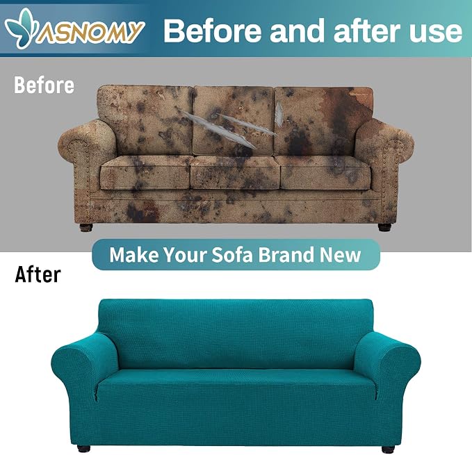 Asnomy Stretch Oversized Couch Covers for Sofa Slipcover,Peacock Blue | 1-Piece Sofa Covers Washable(94"-110") 4-Seater Furniture Protector with Non Skid Foam and Elastic Bottom for Kids, Pets