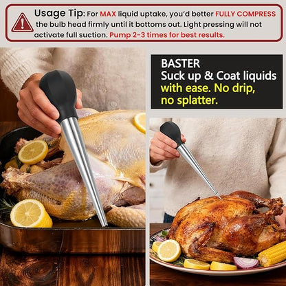 SCHVUBENR Large Turkey Baster with Cleaning Brush & Needle - Stainless Steel Baster Tool for Cooking - Easy to Use and Clean - Heavy Duty Baster Syringe - Thanksgiving, Christmas Essentials - Black
