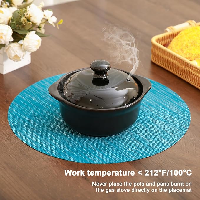 Round Placemats Set of 4 Heat Resistant Vinyl Placemats 15 inch Washable Non-Slip Table Mats Woven Place Mats for Dining Table (Blue, Set of 4)