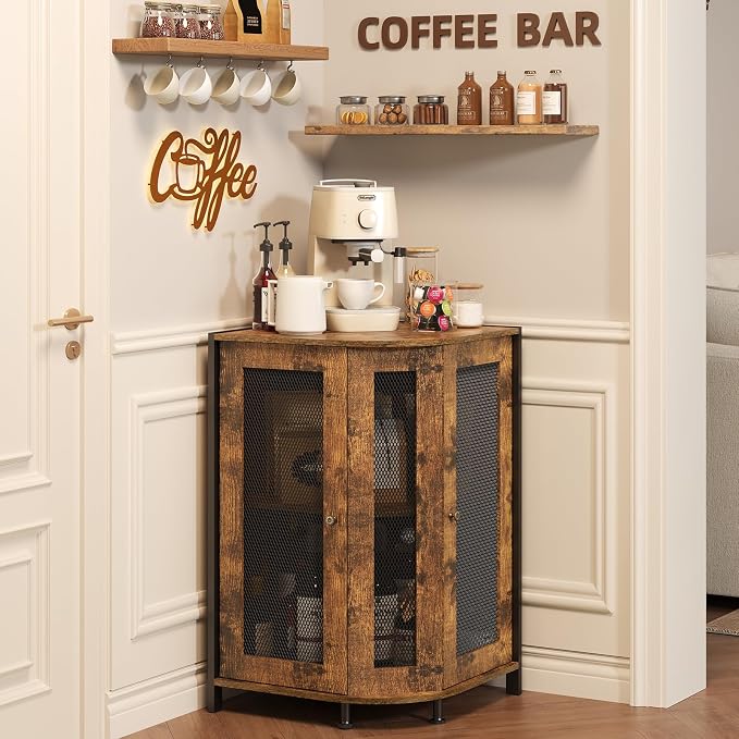 JKsmart 3-Tier Corner Bar Cabinet, Liquor Cabinet with Open Shelf & Door | Space-Saving Corner Design, Home Bar Display for Wine, Liquor & Coffee, Rustic Brown Wine Cabinet for Kitchen and Dining Room