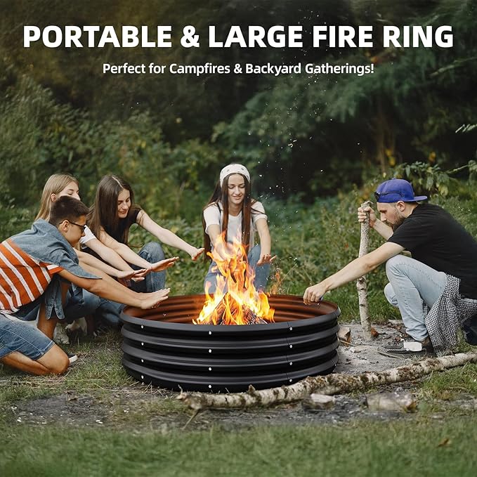 48 Inch Fire Pit Ring for Outside, 4FT Diameter Wood Burning Fire Ring, Large Round Galvanized Steel Fire Pit, Metal Outdoor Fireplace for Backyard, Patio, Camping, Bonfire (Black)