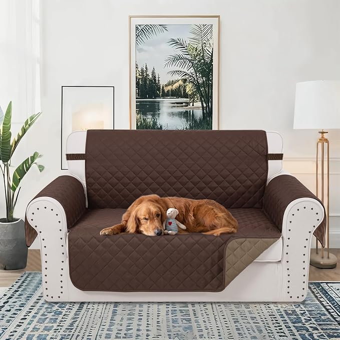 Reversible Loveseat Couch Sofa Covers, 2-Seater, Chocolate | Loveseat Covers for Dogs Water Repellent, Friendly Furniture Protector with Elastic Straps for Living Room