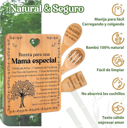 Regalos de cumpleaños para mamá - "Receta para una mamá especial". Juego de tablas de cortar y utensilios de bambú grabados. Regalos de cumpleaños para mamá. Spanish Mom Cutting Board