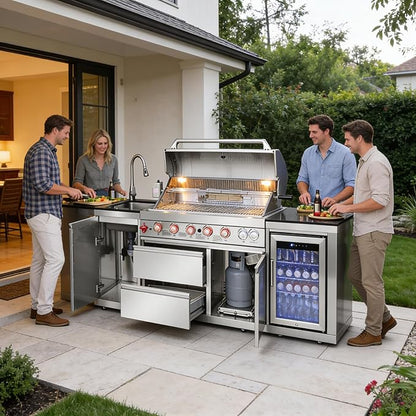 82" Modular Outdoor Kitchen Island with Grill, 6-Burner 83,500 BTU Propane BBQ Island, 304 Stainless Steel, Refrigerator, Sink & Rotisserie, for Backyard and Patio Cooking, Silver