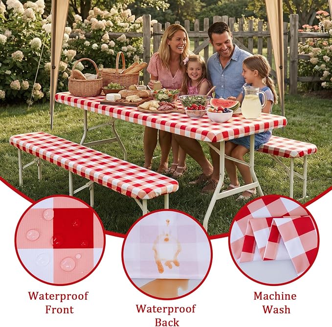 Poise3EHome Picnic Table Cover with Bench Covers, 6 Foot Fitted Elastic Tablecloth Set, Heavy Duty Polyester with TPU Waterproof Backing, Washable Outdoor Picnic Set for Camping, RV & Park(Red&White)