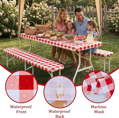 Poise3EHome Picnic Table Cover with Bench Covers, 6 Foot Fitted Elastic Tablecloth Set, Heavy Duty Polyester with TPU Waterproof Backing, Washable Outdoor Picnic Set for Camping, RV & Park(Red&White)