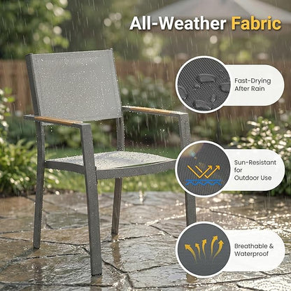 RoyalCraft 9-Piece Outdoor Dining Set with Adjustable Length Dining Table, 75" L×36" W Expandable Patio Table and Chairs Set for 8, Aluminum Stackable Chairs with Quick Drying Fabric for Porch, Grey