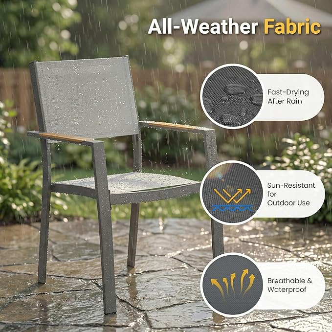 RoyalCraft 5-Piece Outdoor Dining Set with Adjustable Length Dining Table, 75" L×36" W Expandable Patio Table and Chairs Set for 4, Aluminum Stackable Chairs with Quick Drying Fabric for Porch, Grey
