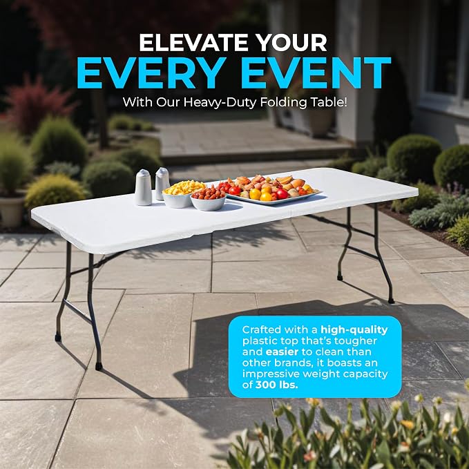 Simpli-Magic 6ft Portable Plastic Folding Table – 17% Thicker than Others – Indoor & Outdoor Heavy-Duty Foldable Utility Table w/Handle for Party & Camping (White)