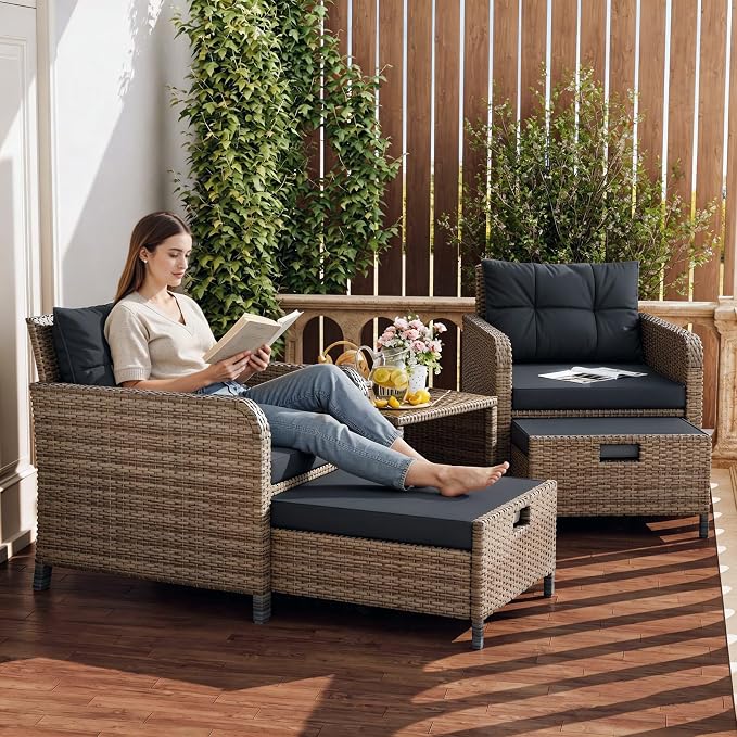 5 Piece Patio Furniture Set, PE Wicker Outdoor Furniture Set with Soft Cushions & Coffee Table, Outdoor Lounge Chairs with Ottoman for Porch, Lawn, Balcony, Yellow-Black