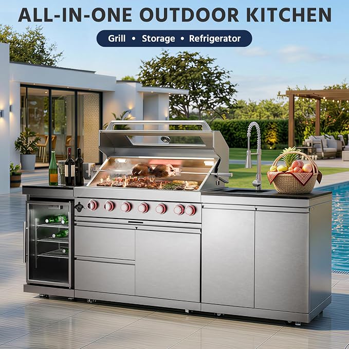 96" Outdoor Kitchen Grill Island with Refrigerator and Sink, 6 Burner 85000 BTU Stainless Steel BBQ Grill Station, Outdoor Cooking Station for Backyard Patio Poolside, Silver