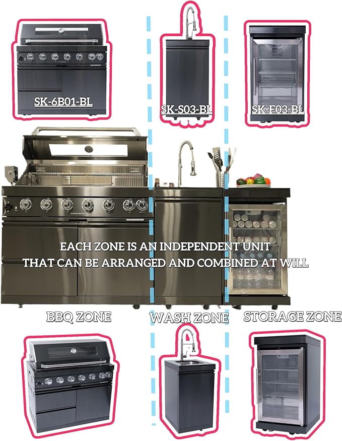 43-Inch Modular Outdoor Kitchen Grill with 6 Stainless Steel Burners 85000 BTU, Deluxe BBQ Station with Granite Countertop, Rotisserie Kit, 304 Stainless Steel Sink, Portable Refrigerator (Black)