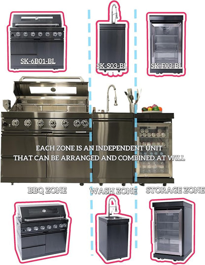 43-Inch Modular Outdoor Kitchen Grill with 6 Stainless Steel Burners 85000 BTU, Deluxe BBQ Station with Granite Countertop, Rotisserie Kit, 304 Stainless Steel Sink, Portable Refrigerator (Black)