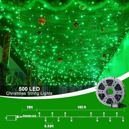 QITONG 500LED Green String Lights, 165ft Christmas Lights Outdoor Waterproof with Plug in, Green Wire Twinkle Tree Lights Indoor with 8 Modes