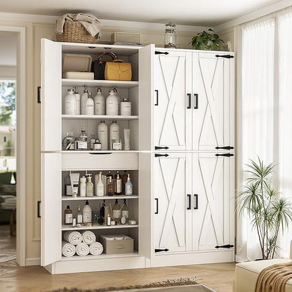 Unikito 71" Tall Kitchen Pantry Cabinet with Farmhouse Barn Doors and Storage Drawer, 8 Adjustable Shelves, Freestanding Cupboard for Dining Room, Living Room, Utility Room, White, 2 Pack