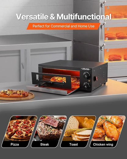 VEVOR Electric Pizza Oven, 12 in Countertop Pizza Oven, 77 to 572°F Temp Range, 1450W Indoor Pizzas Maker w/Timing & Temp Control, Pizzas Cooker w/Dual Heat Tube, Grill Rack, for Kitchen & Commercial